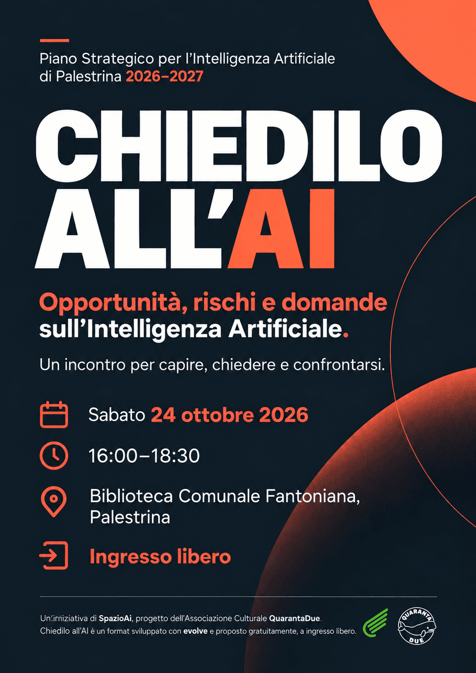 Locandina dell’evento Chiedilo all’AI: opportunità, rischi e domande sull’intelligenza artificiale, sabato 24 ottobre 2026